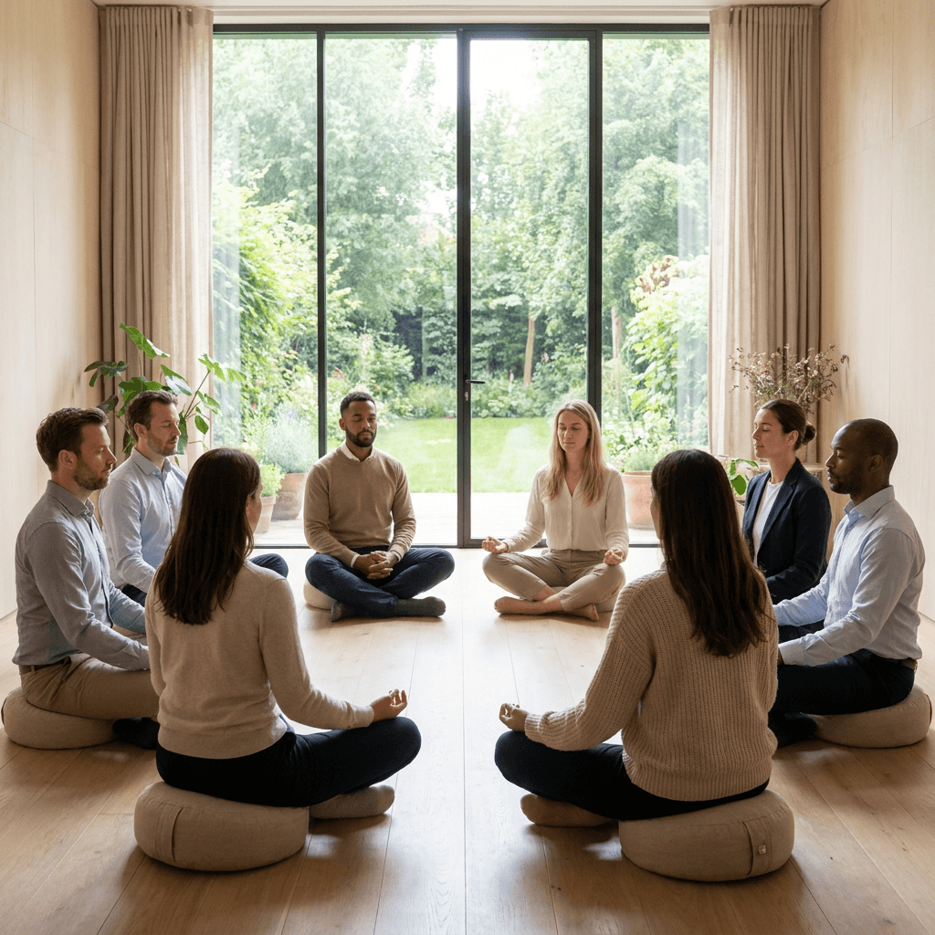 Outdoor meditation session with colleagues