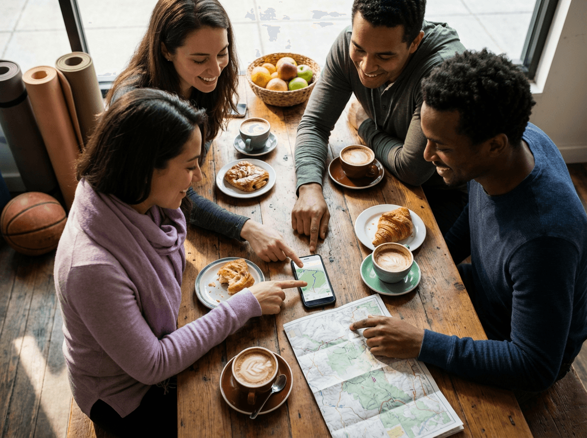 Mobile activity feed with yoga, hiking and food events for a workplace team